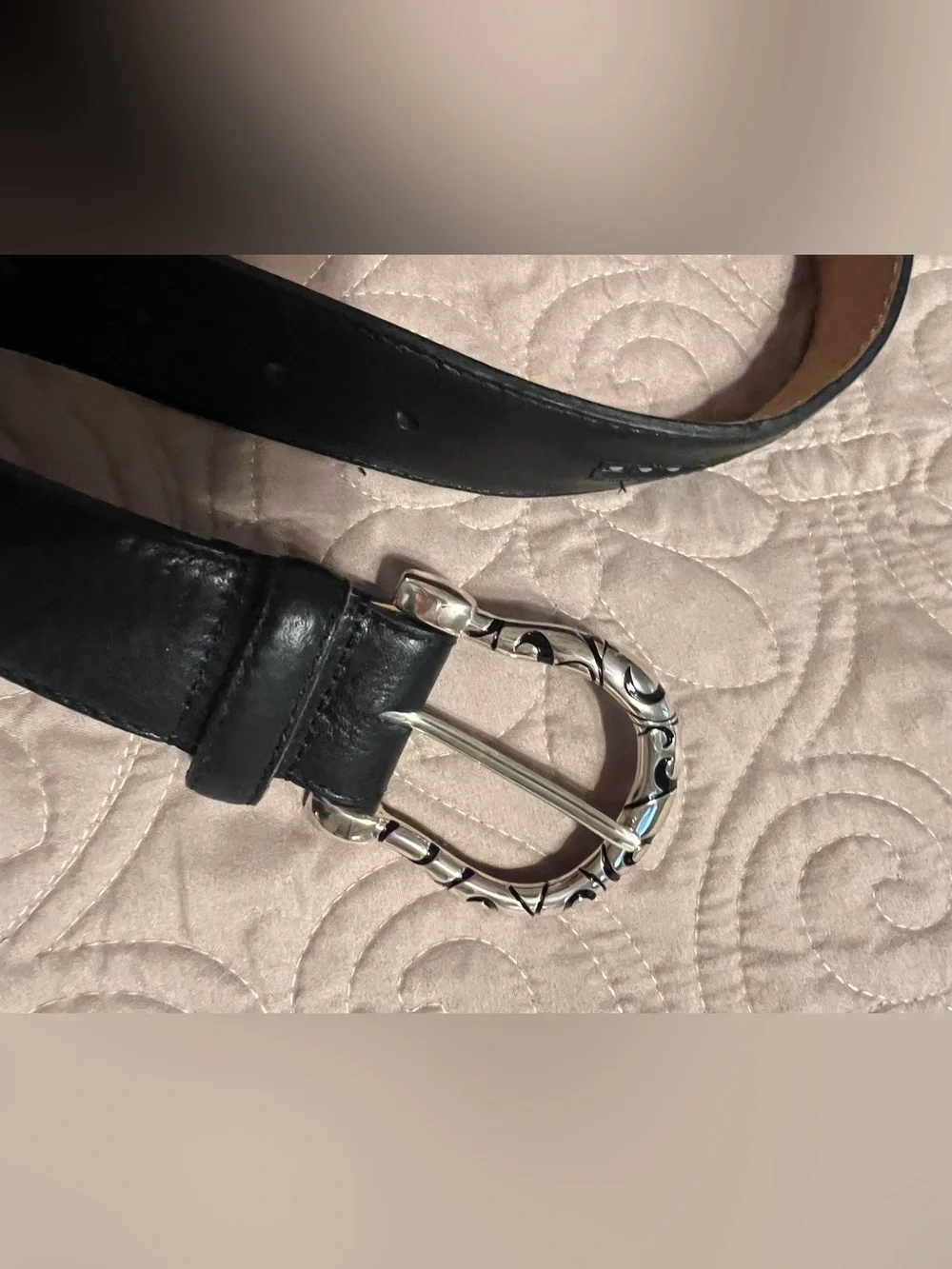 BRIGHTON MENS Black Leather Western style Belt Decorative Silver-Tone sz 34